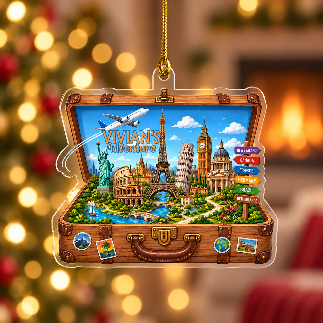 Personalized Travel Ornament, Custom Name Suitcase Christmas Ornament, World Adventure Vacation Keepsake Gift B1G120