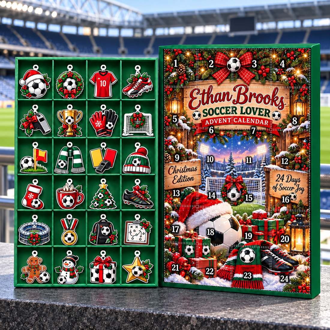 2026 Christmas Soccer Advent Calendar with Custom Name, 24-Day Countdown
