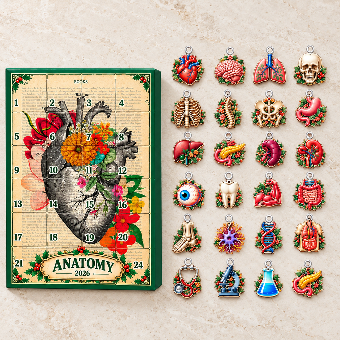 Anatomy Advent Calendar 2026, 24 Human Organ Acrylic Charms, Medical Student Christmas Gift, Doctor Nurse Science Countdown Box