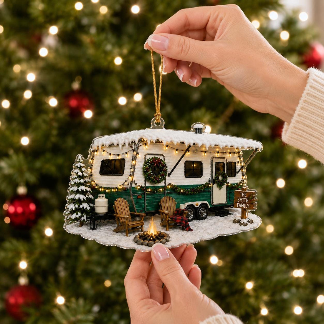 Personalized Holiday Camper Trailer Acrylic Ornament, Custom Christmas RV Decor, Winter Camping Keepsake, Family Xmas Gift