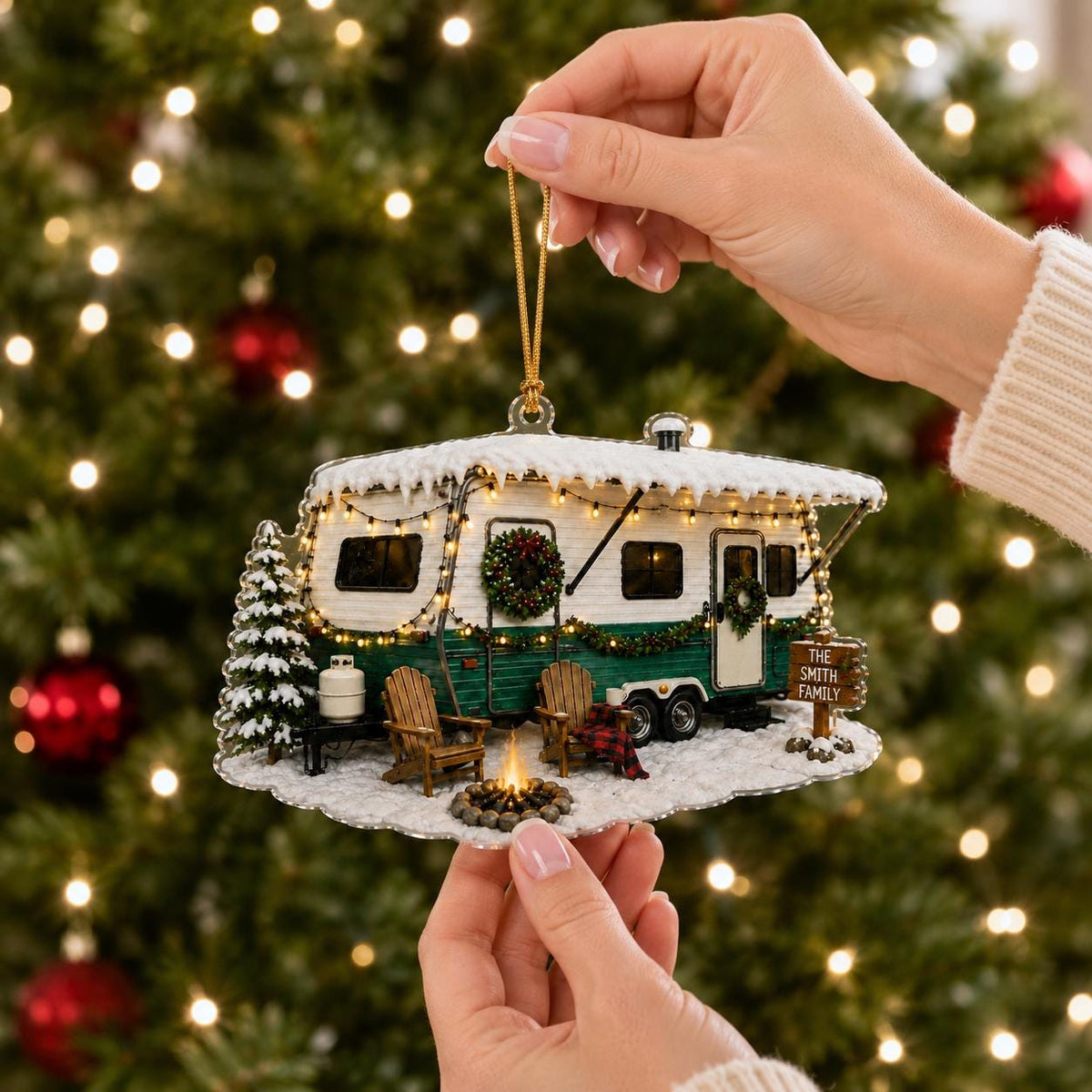 Personalized Holiday Camper Trailer Acrylic Ornament, Custom Christmas RV Decor, Winter Camping Keepsake, Family Xmas Gift