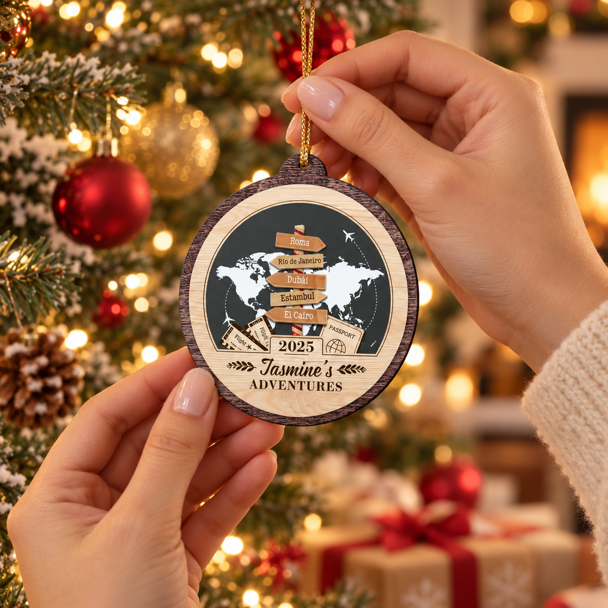 Personalized Travel Adventure Ornament 2025, Custom Destination Keepsake for Couples, Unique Holiday Gift for Travelers Christmas Decoration
