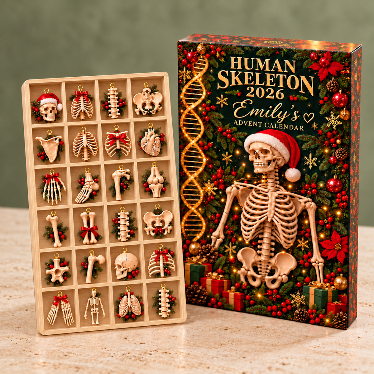 Human Skeleton Advent Calendar, Anatomy Bone Ornament Countdown, Personalized Science Lover Christmas Gift 2026 for Medical Students Set
