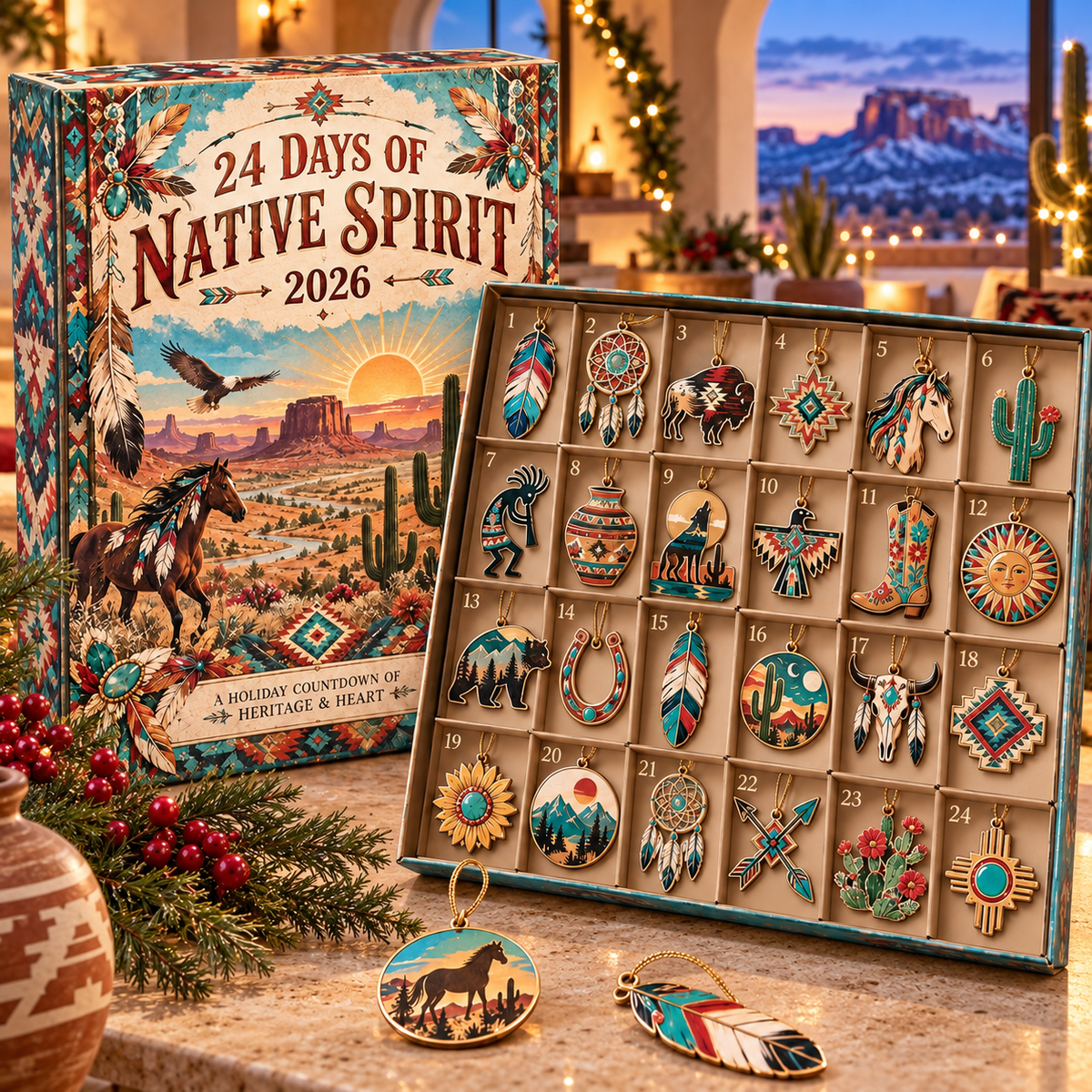 2026 Southwest Horse Advent Calendar, 24 Desert and Cactus Ornaments, Western Christmas Countdown Gift