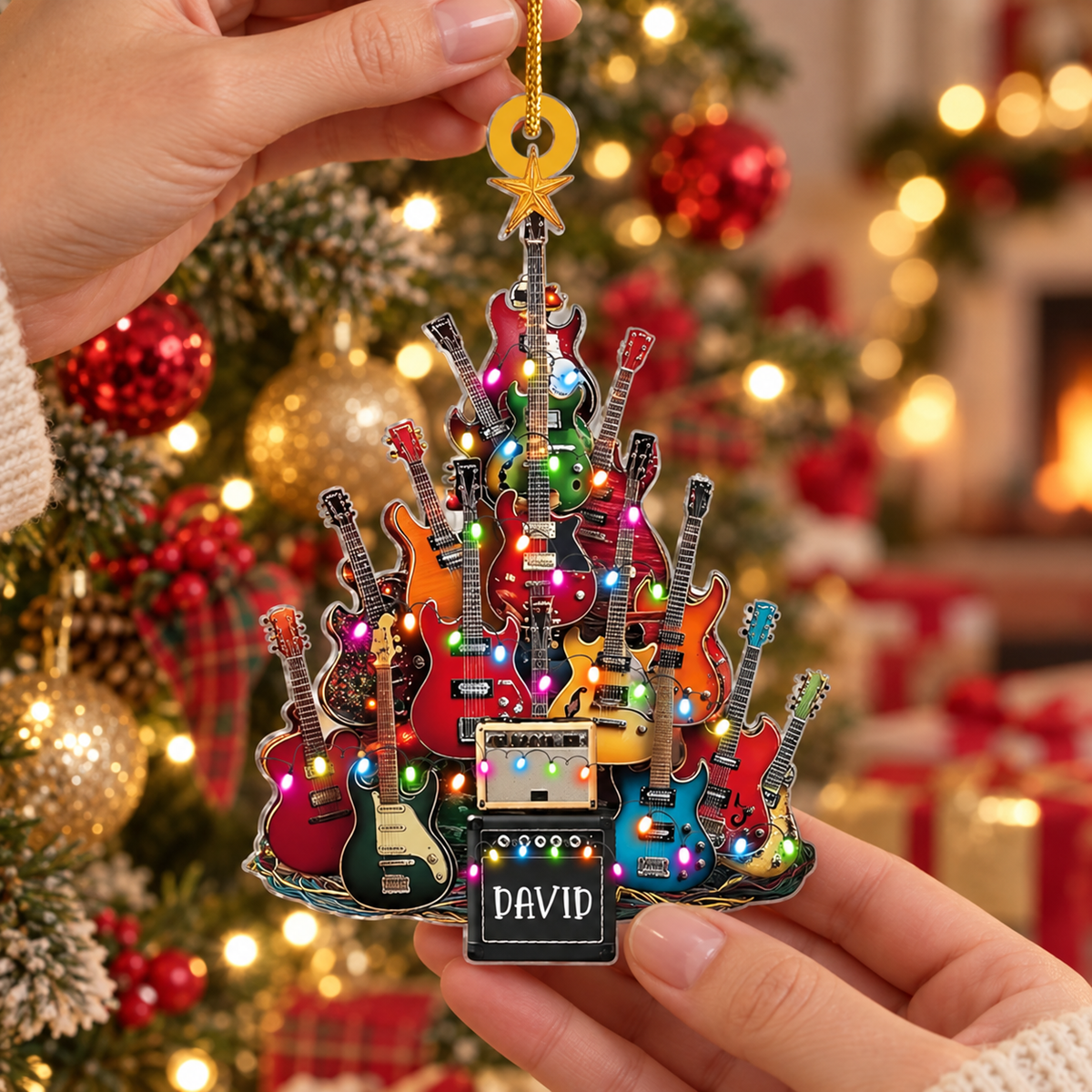 Personalized Guitar Christmas Tree Ornament with Custom Name on Amp – Gift for Guitarist