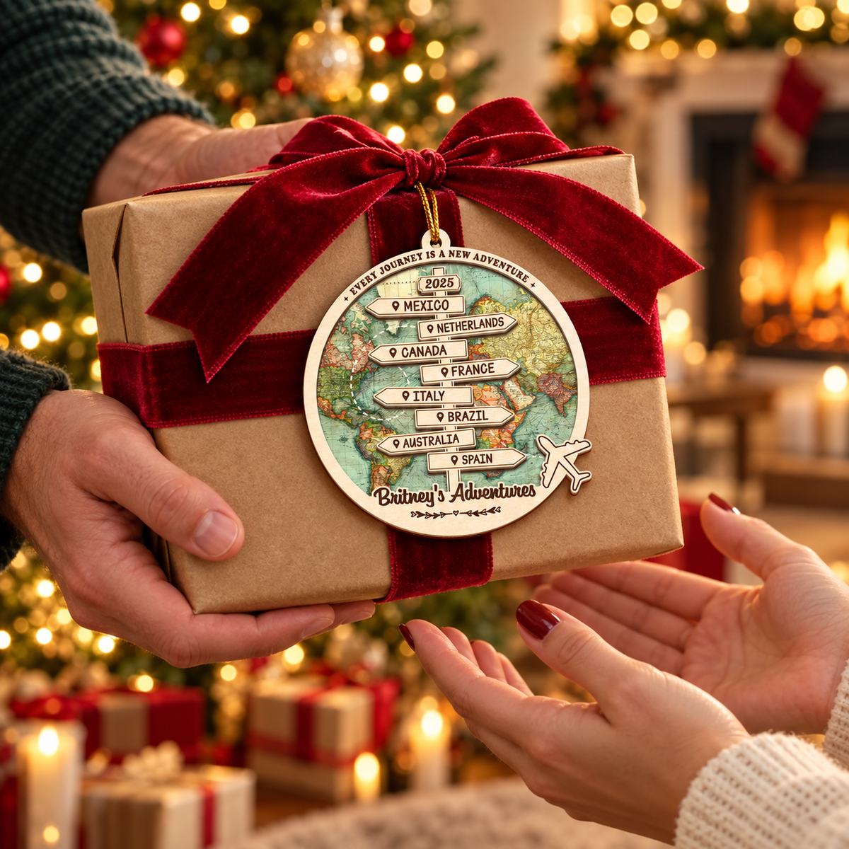 Personalized 2026 Travel Ornament Custom 2-Layer Wooden Destination Keepsake