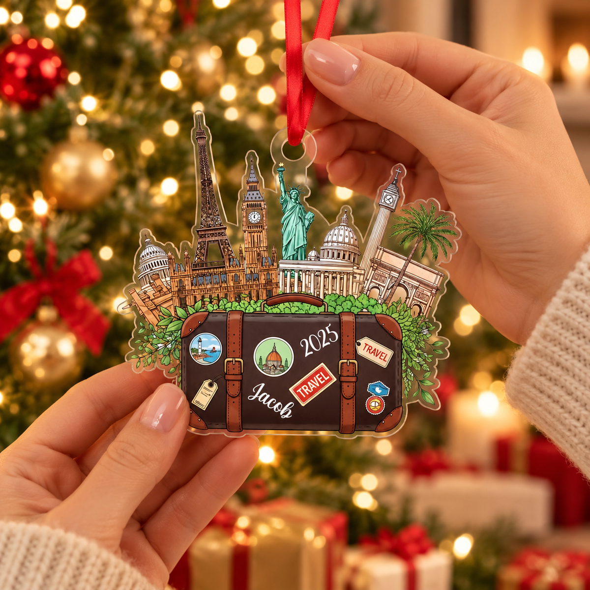 Custom Name Travel Christmas Ornament, Personalized World Traveler Acrylic Ornament, Vacation Souvenir Gift, 2D Flat Christmas Tree Decor