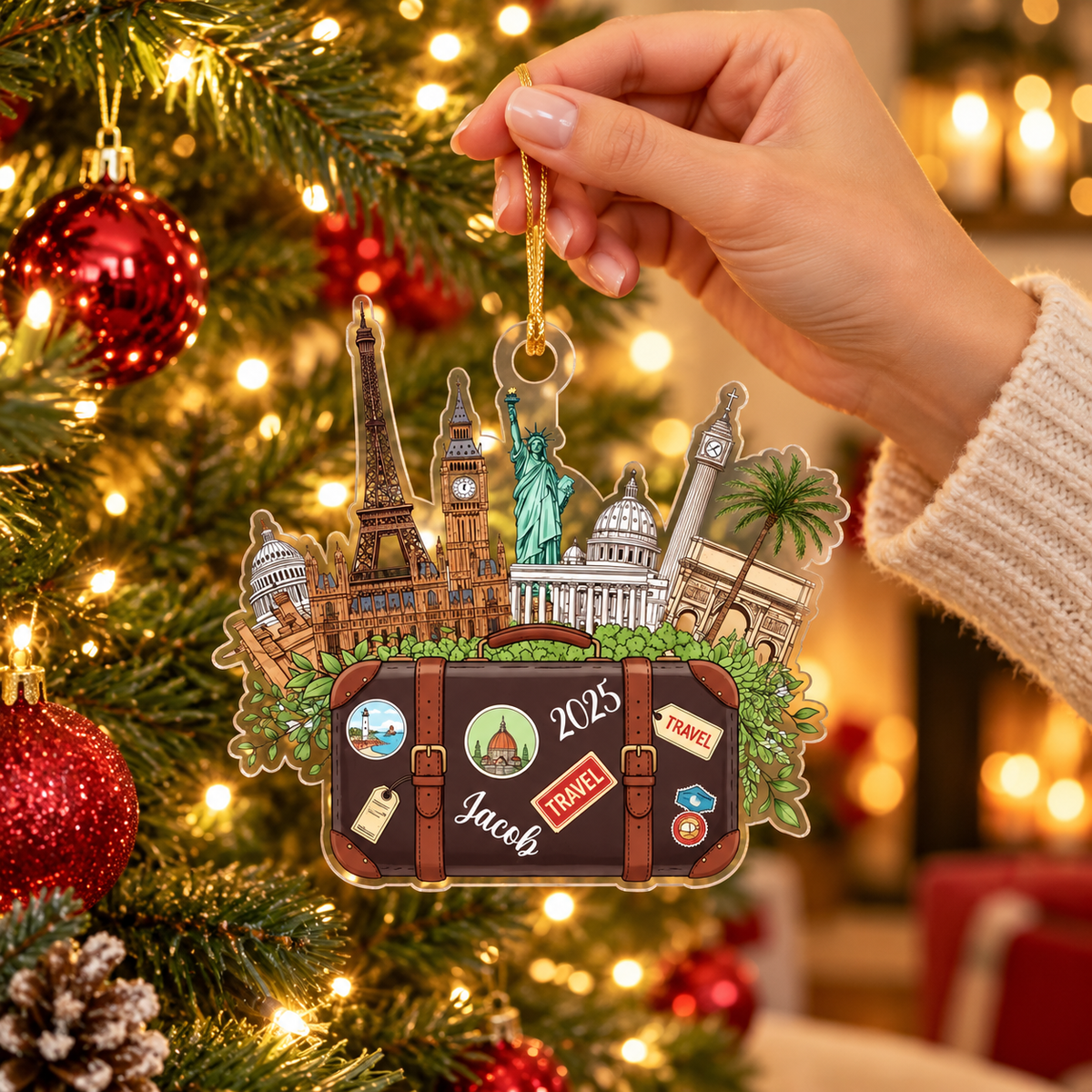 Custom Name Travel Christmas Ornament, Personalized World Traveler Acrylic Ornament, Vacation Souvenir Gift, 2D Flat Christmas Tree Decor