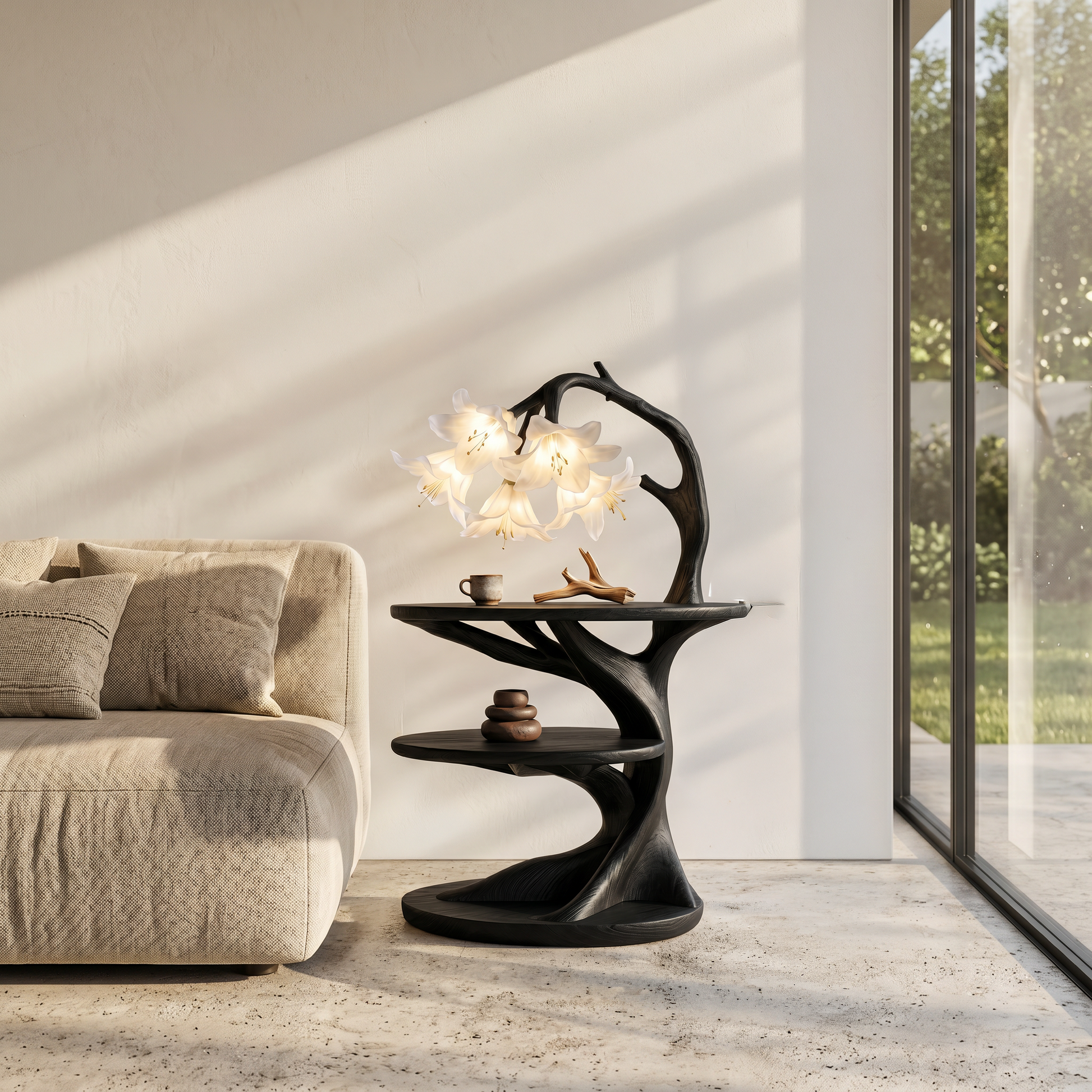 Rustic Side Table With Flower Shade Lamp For Bedroom And Living Room SINLSABT272