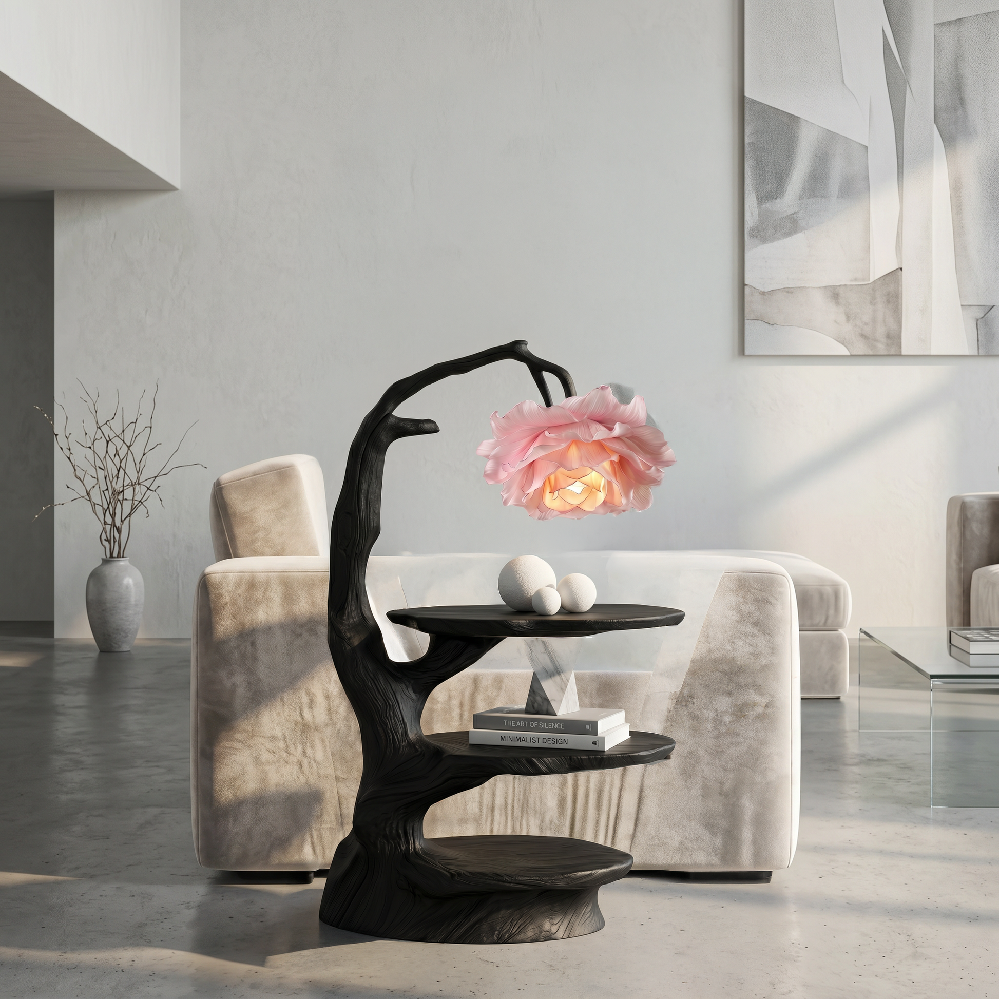 Natural End Table With Tree Branch Form And Flower Lamp For Bedroom And Reading Nook SINLSABT276