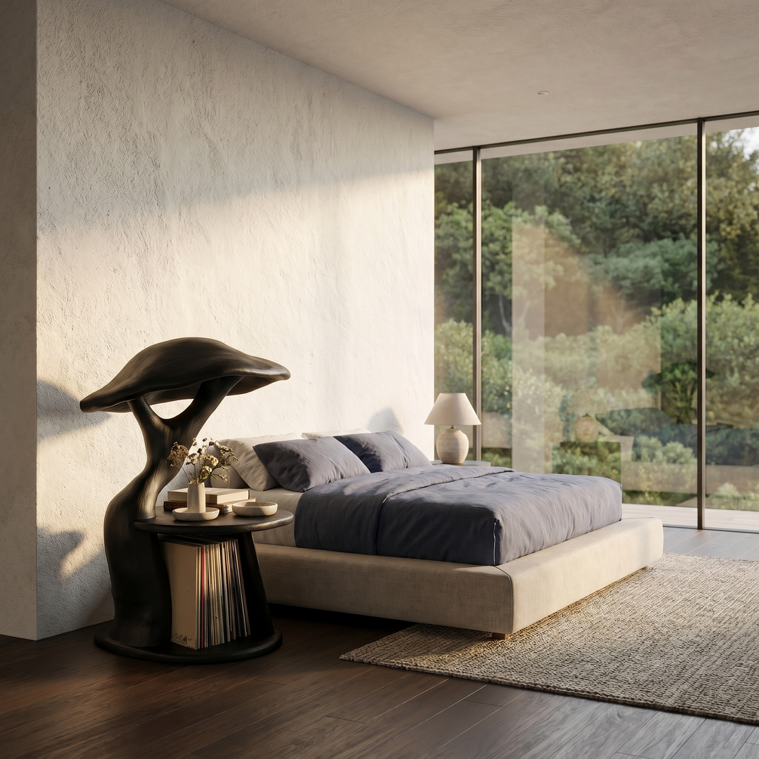 Organic Mushroom Nightstand With Sculptural Solid Wood Design And Vinyl Storage For Bedroom SINLHABT259