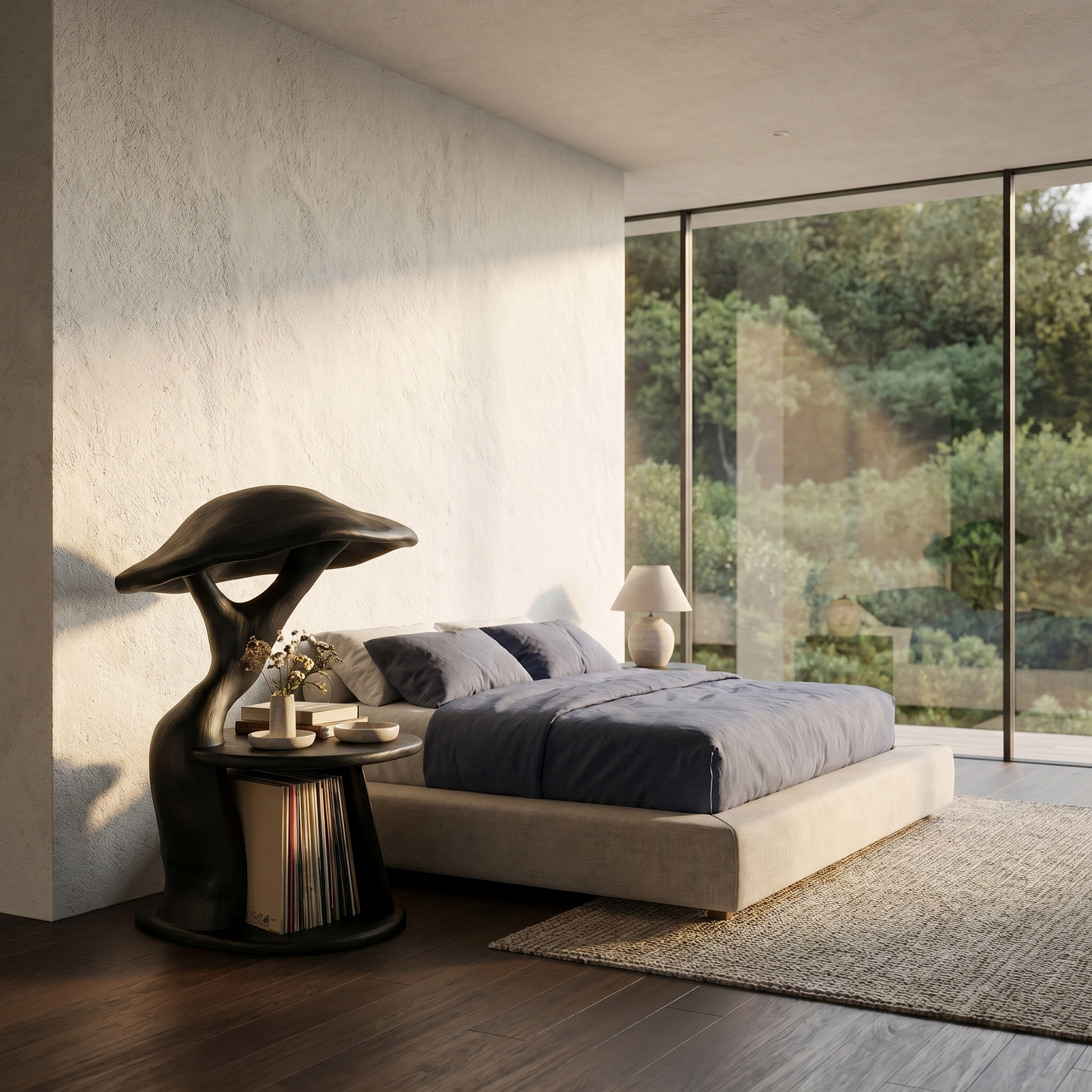 Organic Mushroom Nightstand With Sculptural Solid Wood Design And Vinyl Storage For Bedroom SINLHABT259