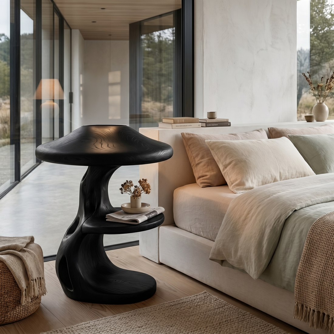 Rustic Mushroom Nightstand With Sculptural Tree Root Base And Built In Drawer For Bedroom SINLHABT260