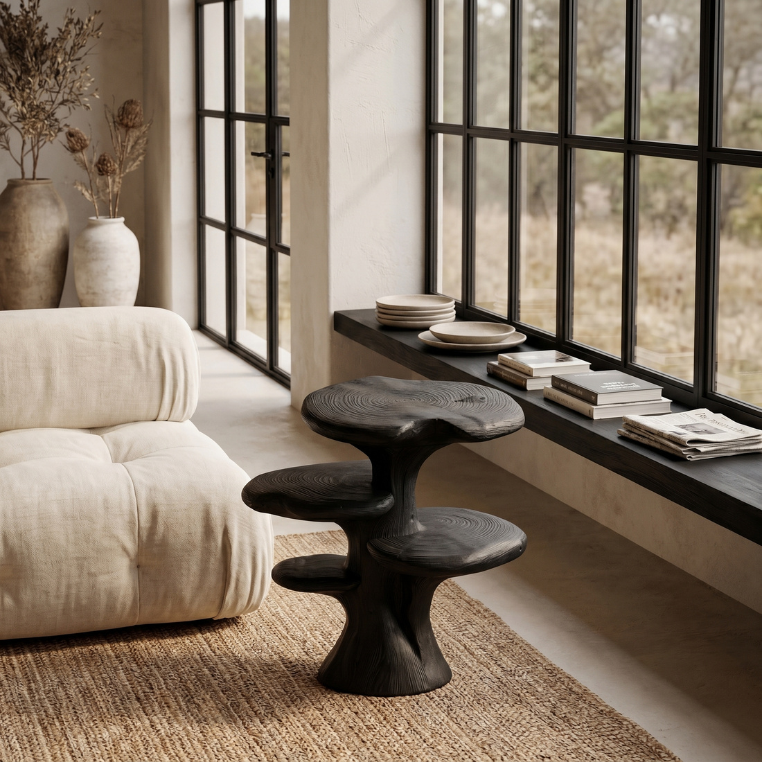 Organic Sculptural Beside Table With Tiered Solid Wood Shelves For Living Room SINLHABT262