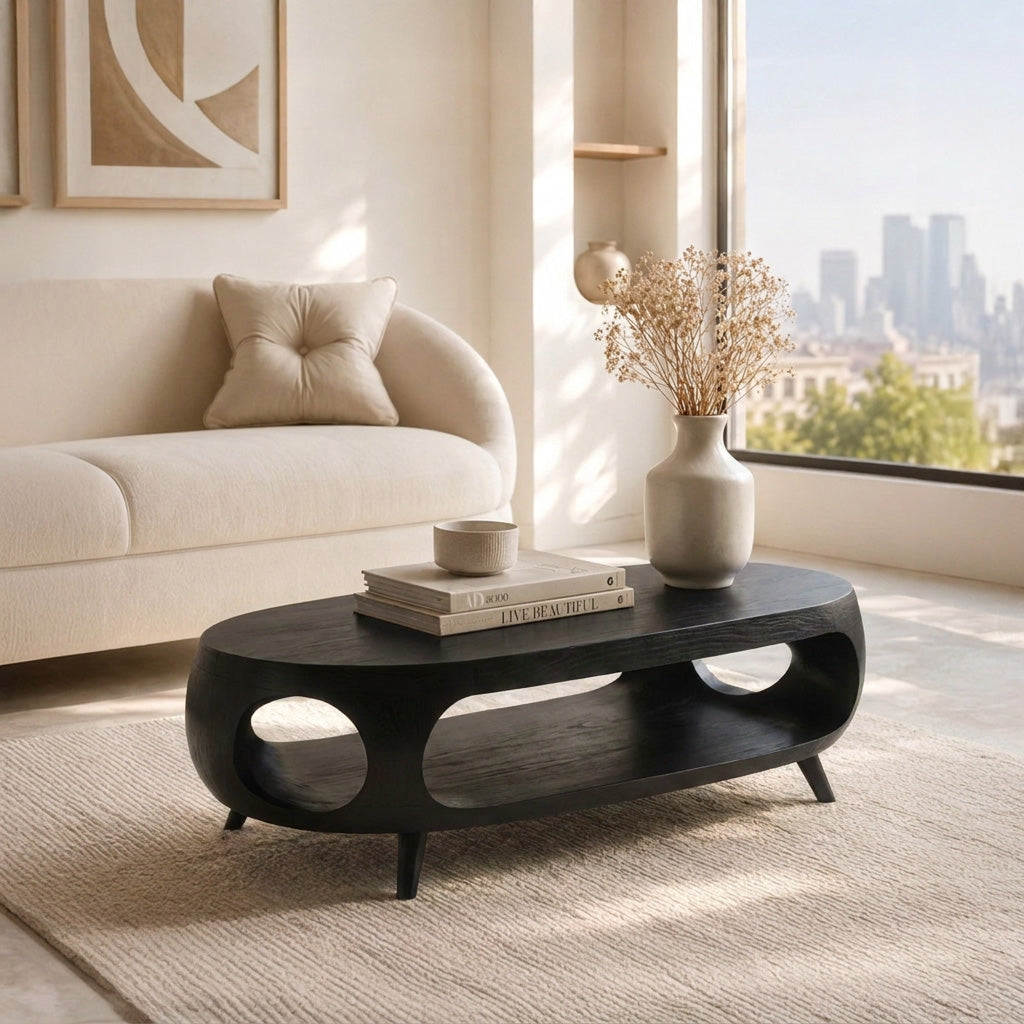 Sculptural Oval Coffee Table With Shelf For Living Room
