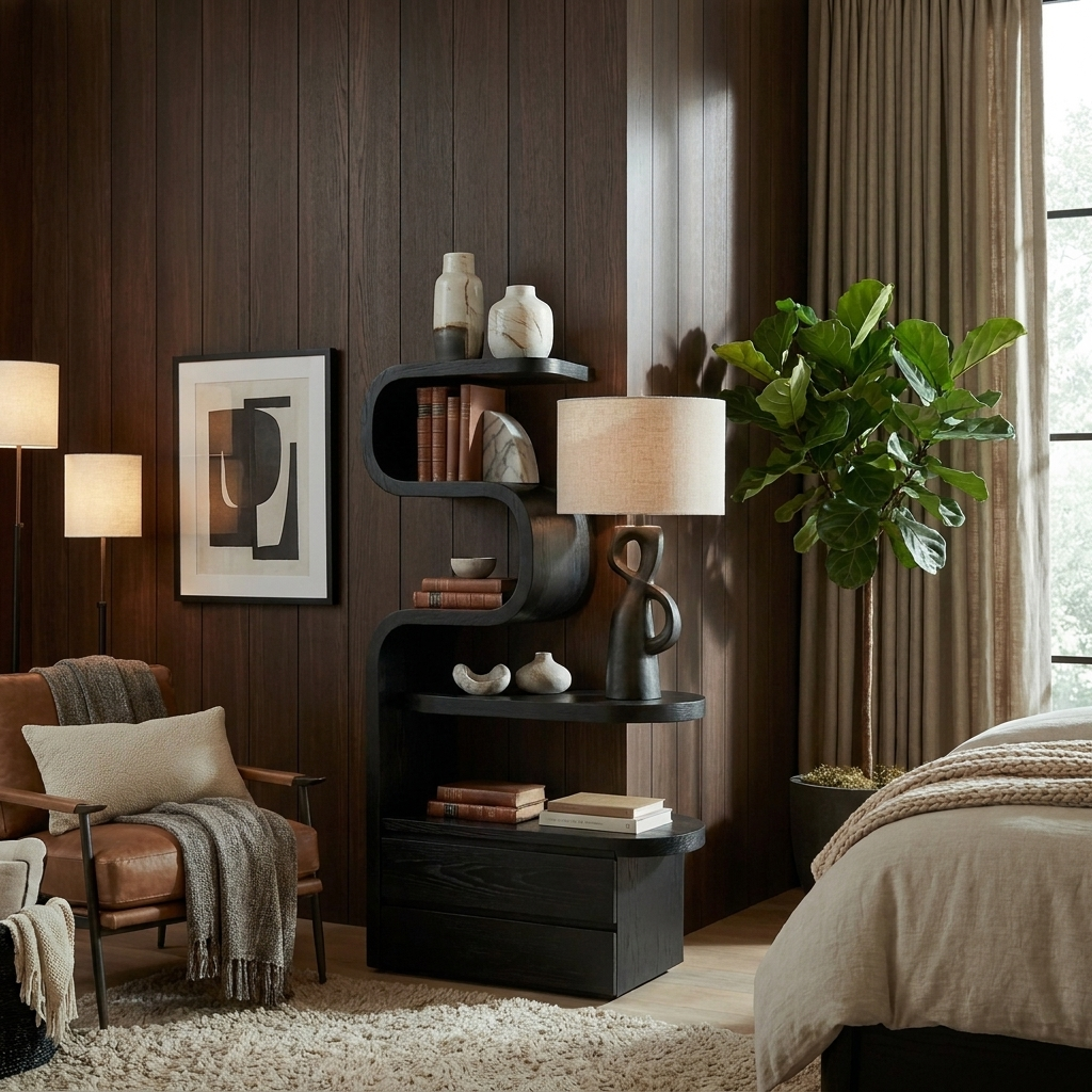 Sculpted Nightstand With Shelves And Drawers For Bedroom SITHTTNS014