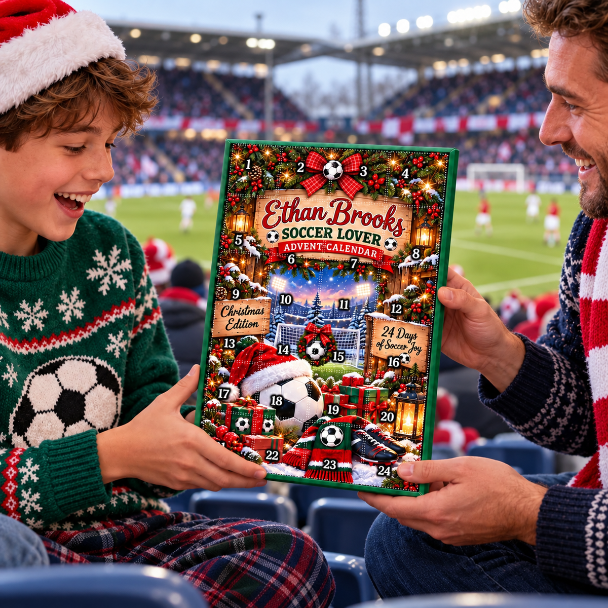 2026 Christmas Soccer Advent Calendar with Custom Name, 24-Day Countdown