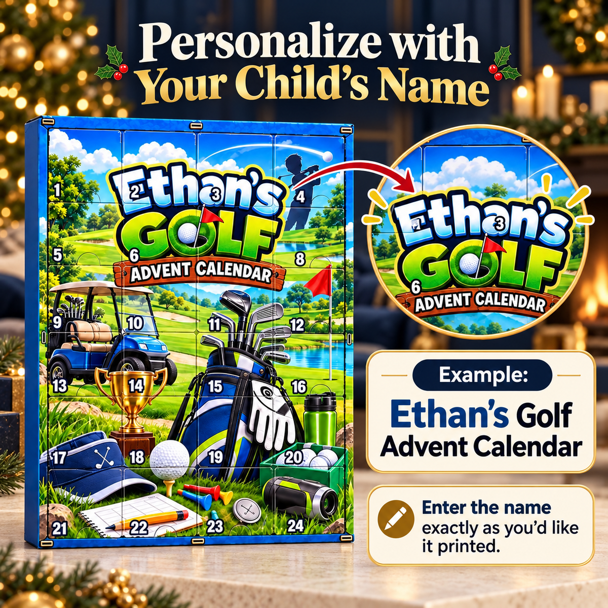 2026 Golf Life Advent Calendar With Custom Name and 24 Ornaments
