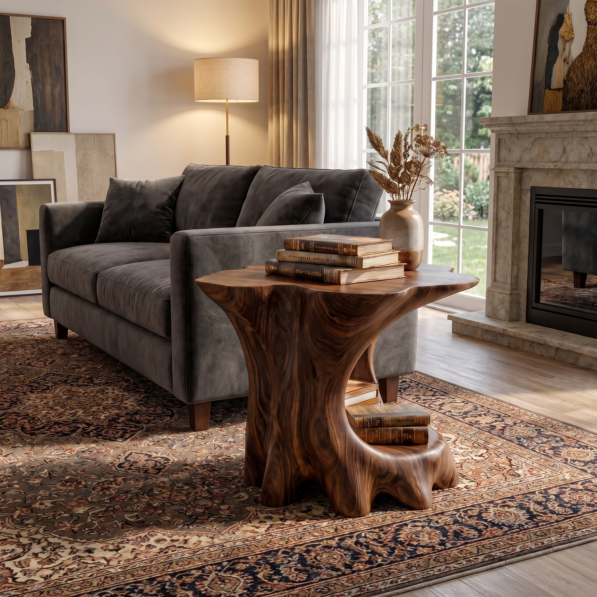 Rustic Beside Table With Solid Wood Base And Open Storage For Living Room SINLKIBT241