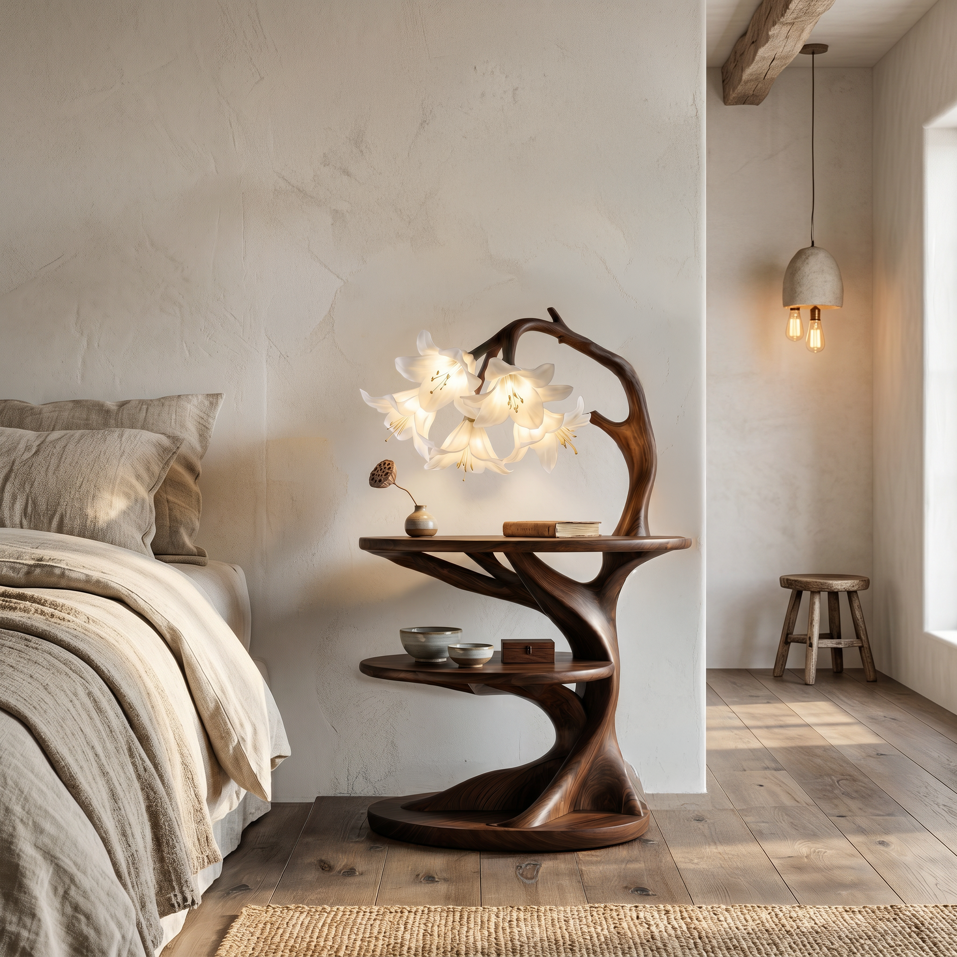 Organic Bedside Table With Sculptural Flower Lamp For Bedroom And Reading Nook SINLSABT273