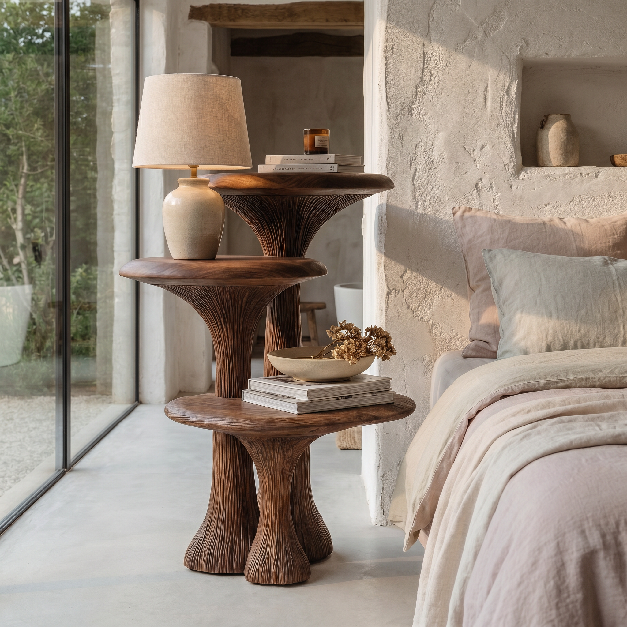 Organic Sculptural Nightstand With Multi Tier Solid Wood Shelves For Bedroom SINLHABT258