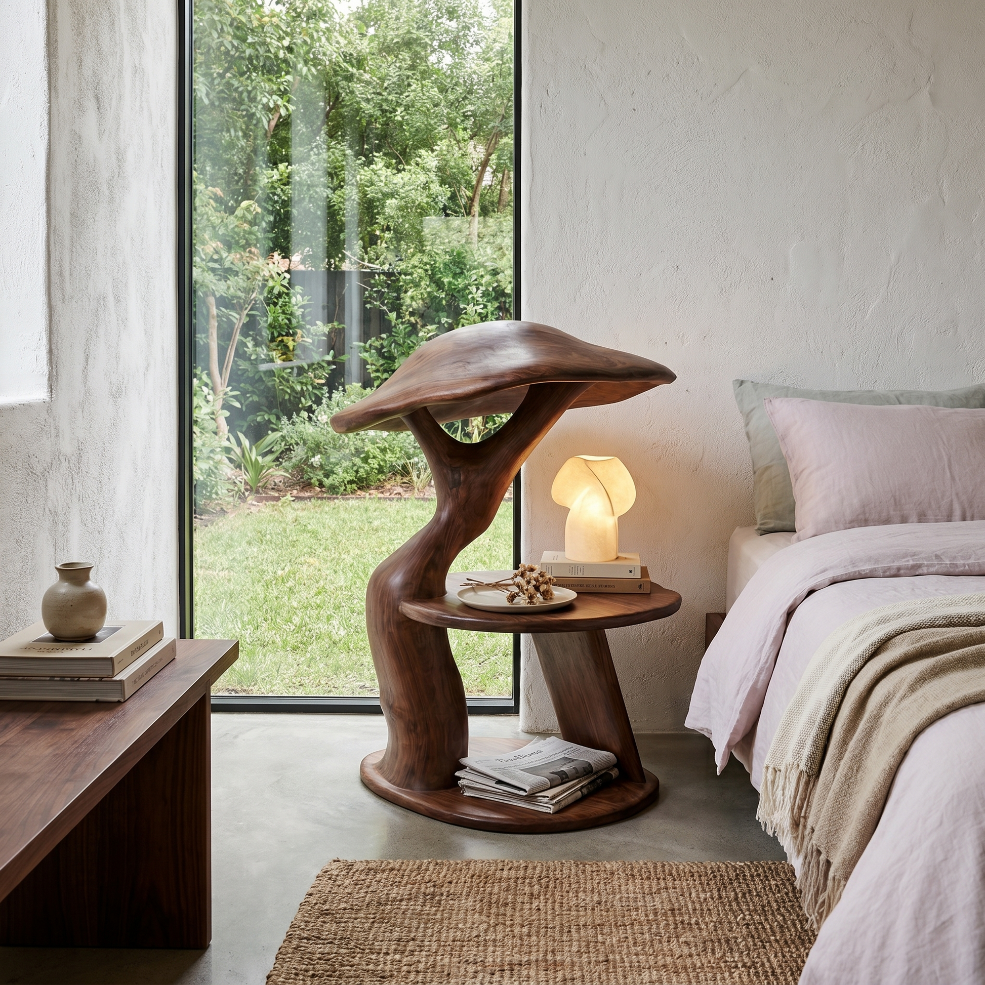 Organic Mushroom Nightstand With Sculptural Solid Wood Design And Vinyl Storage For Bedroom SINLHABT259