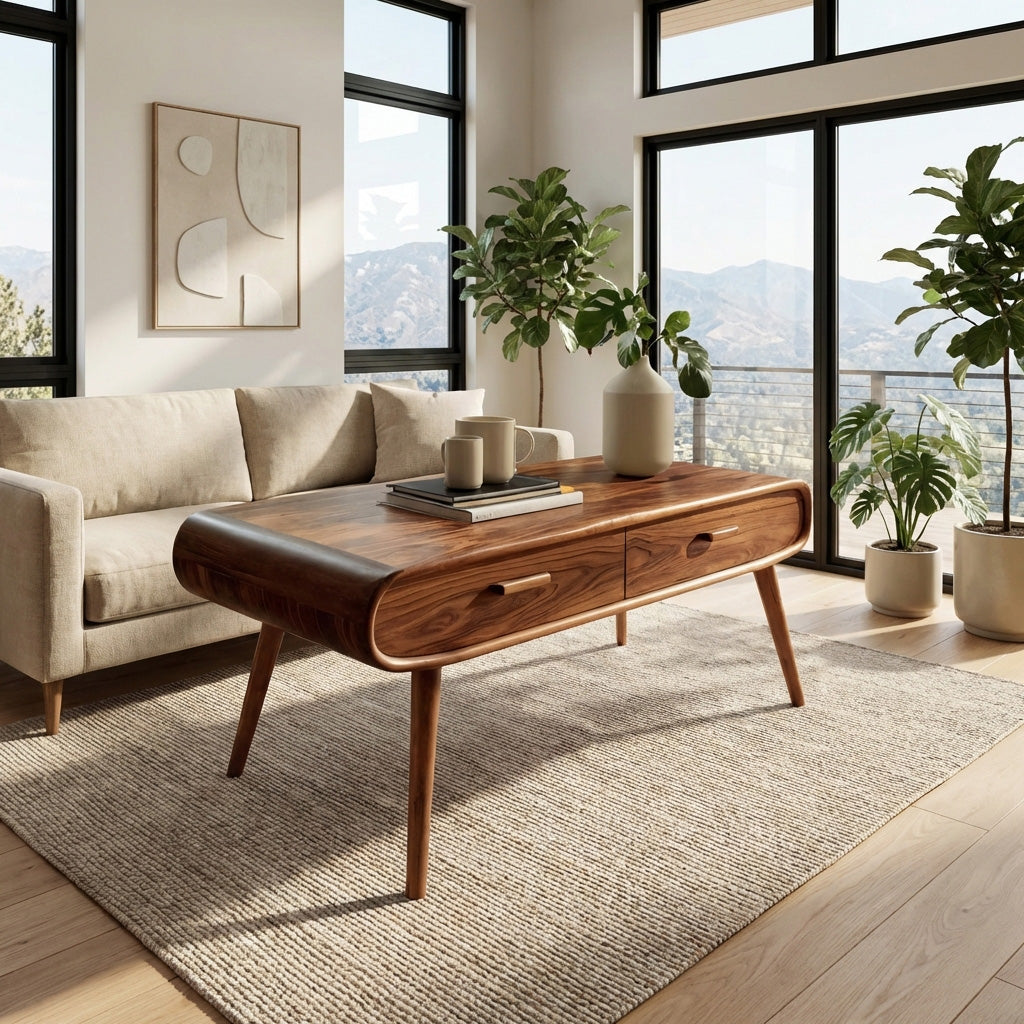 Mid Century Wood Coffee Table With Tapered Legs For Interior