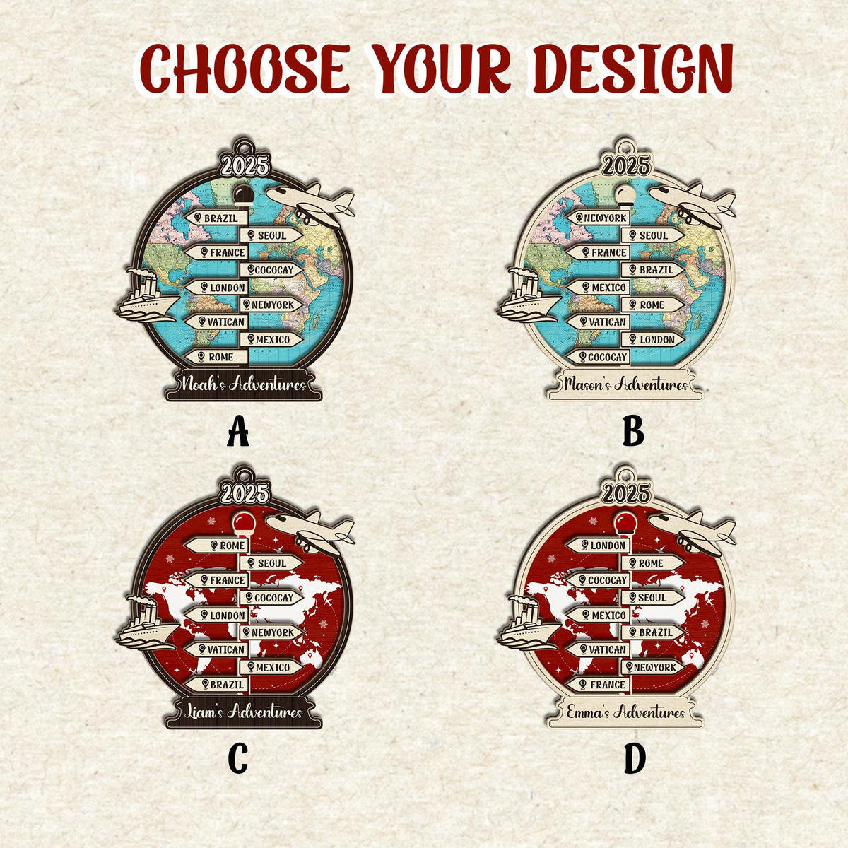 Customized Traveling Destination Ornament, Personalized Travel Adventure Ornament, Family Trip, Travel Gift, Christmas Gift