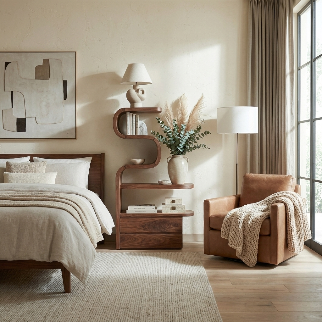 Sculpted Nightstand With Shelves And Drawers For Bedroom SITHTTNS014