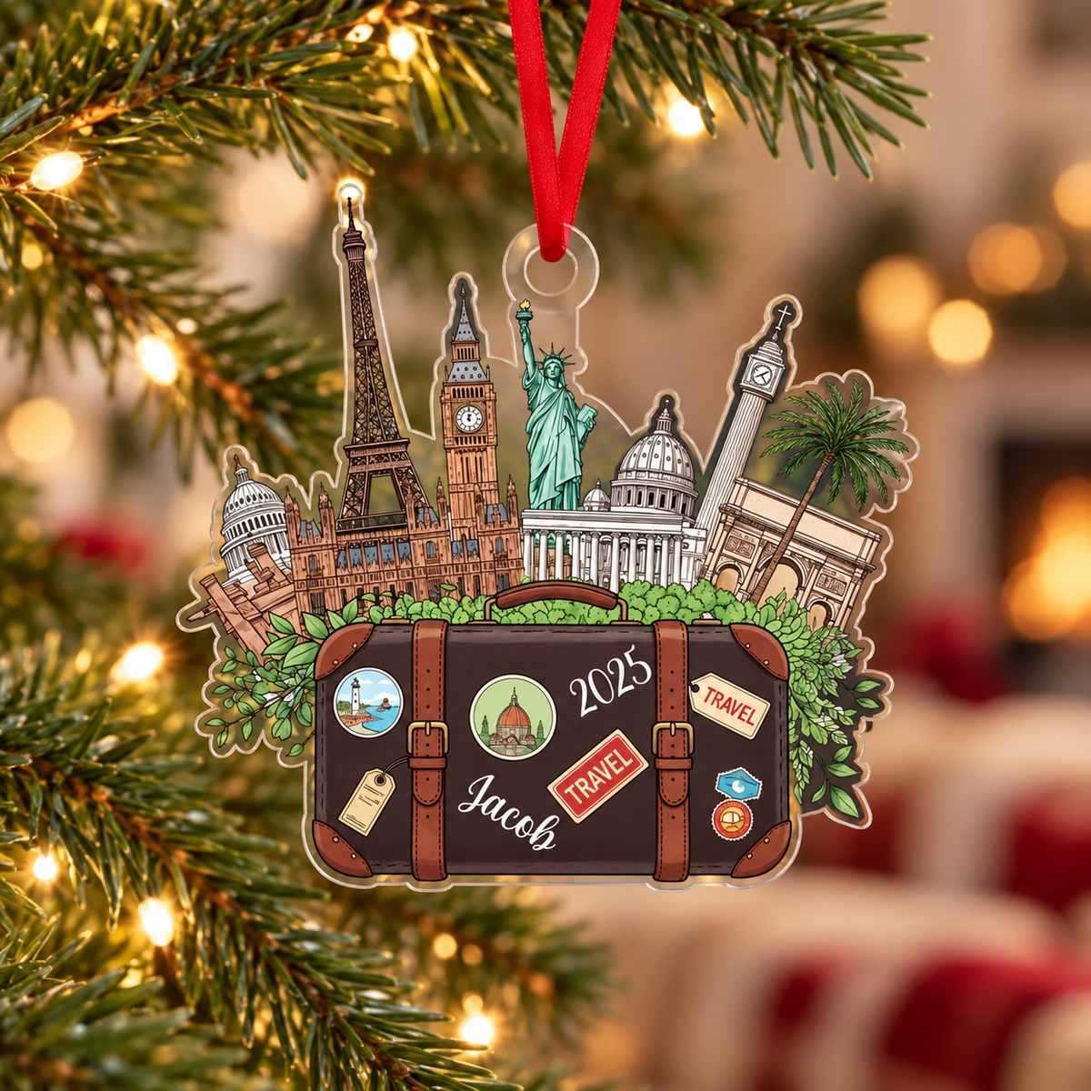 Custom Name Travel Christmas Ornament, Personalized World Traveler Acrylic Ornament, Vacation Souvenir Gift, 2D Flat Christmas Tree Decor