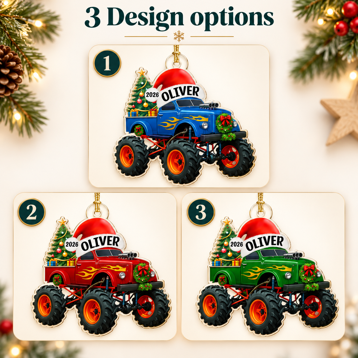Personalized Monster Truck Christmas Ornament with Name Kids Boy Xmas Gifts, 2026 Ornament, Christmas Gift for Nephew Son Grandson