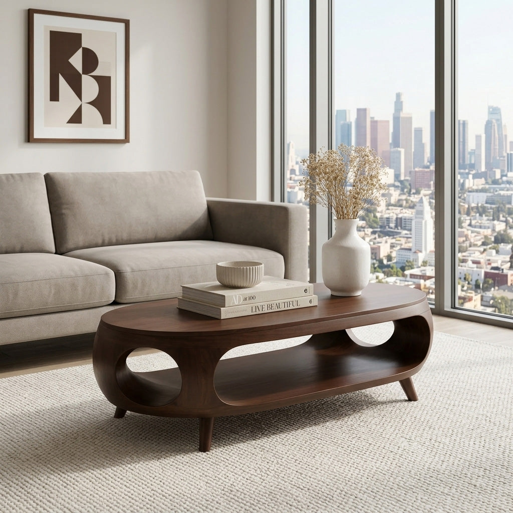Sculptural Oval Coffee Table With Shelf For Living Room