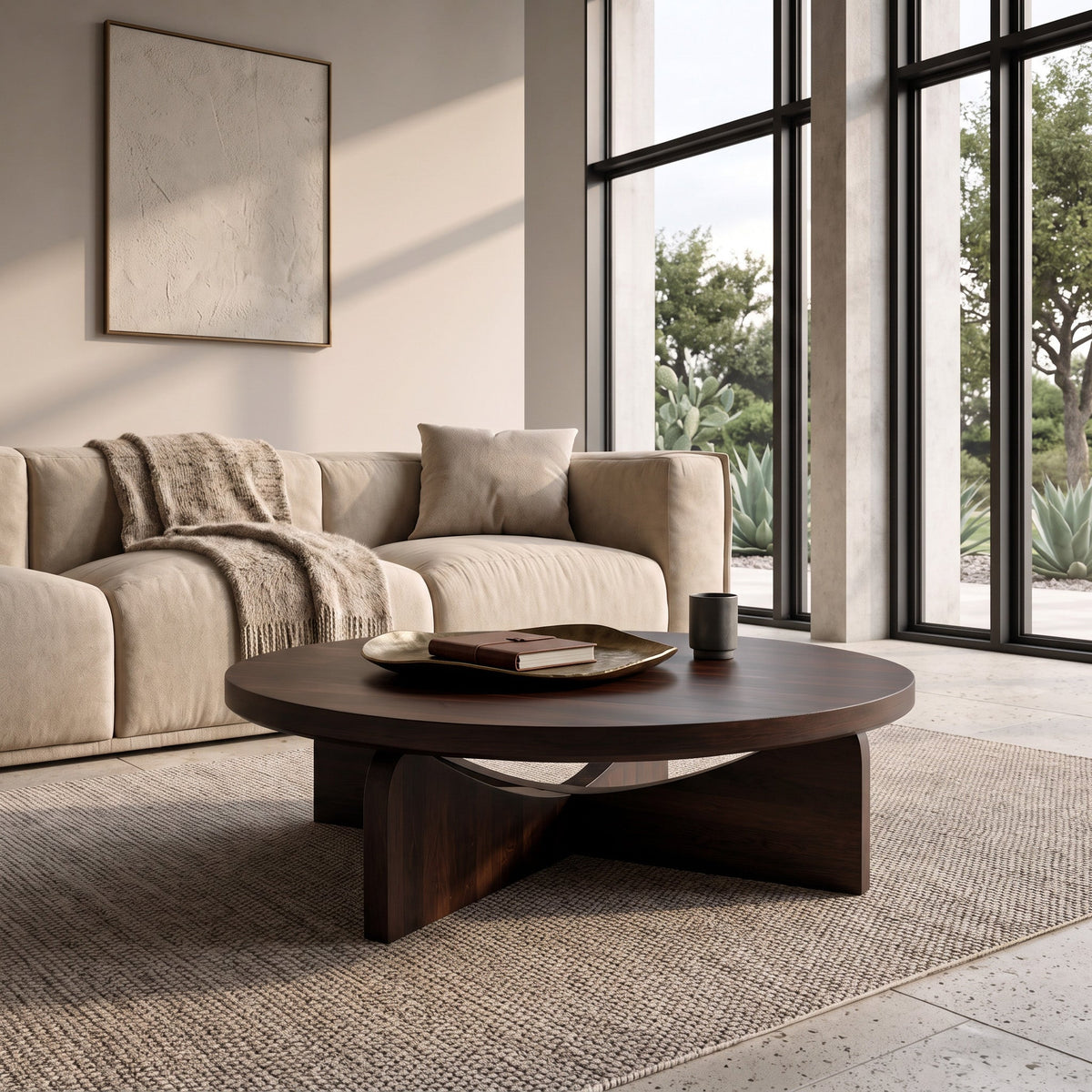 Modern Round Wood Coffee Table With Unique Base For Living