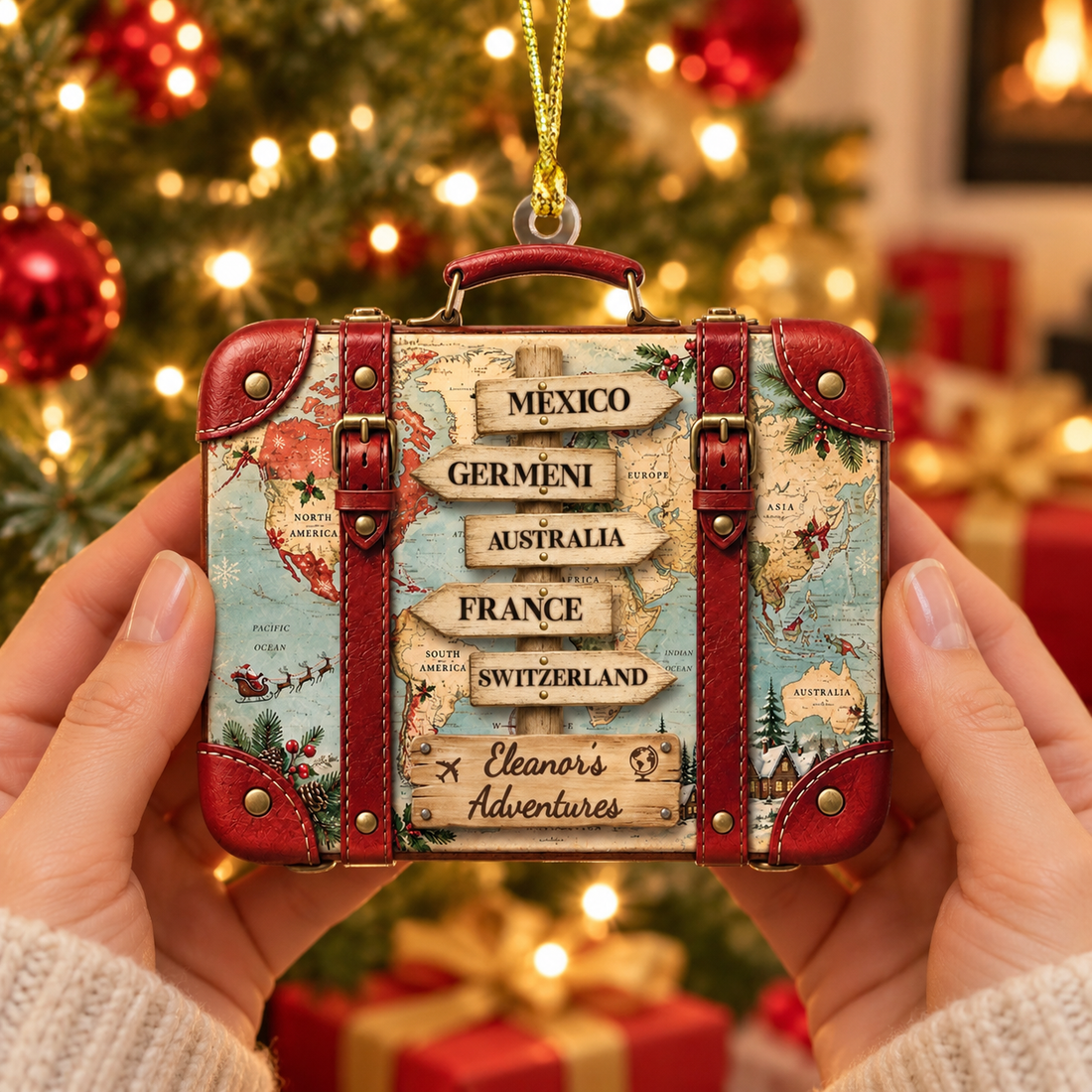 Personalized Travel Suitcase Christmas Ornament, Custom World Map Destination Keepsake