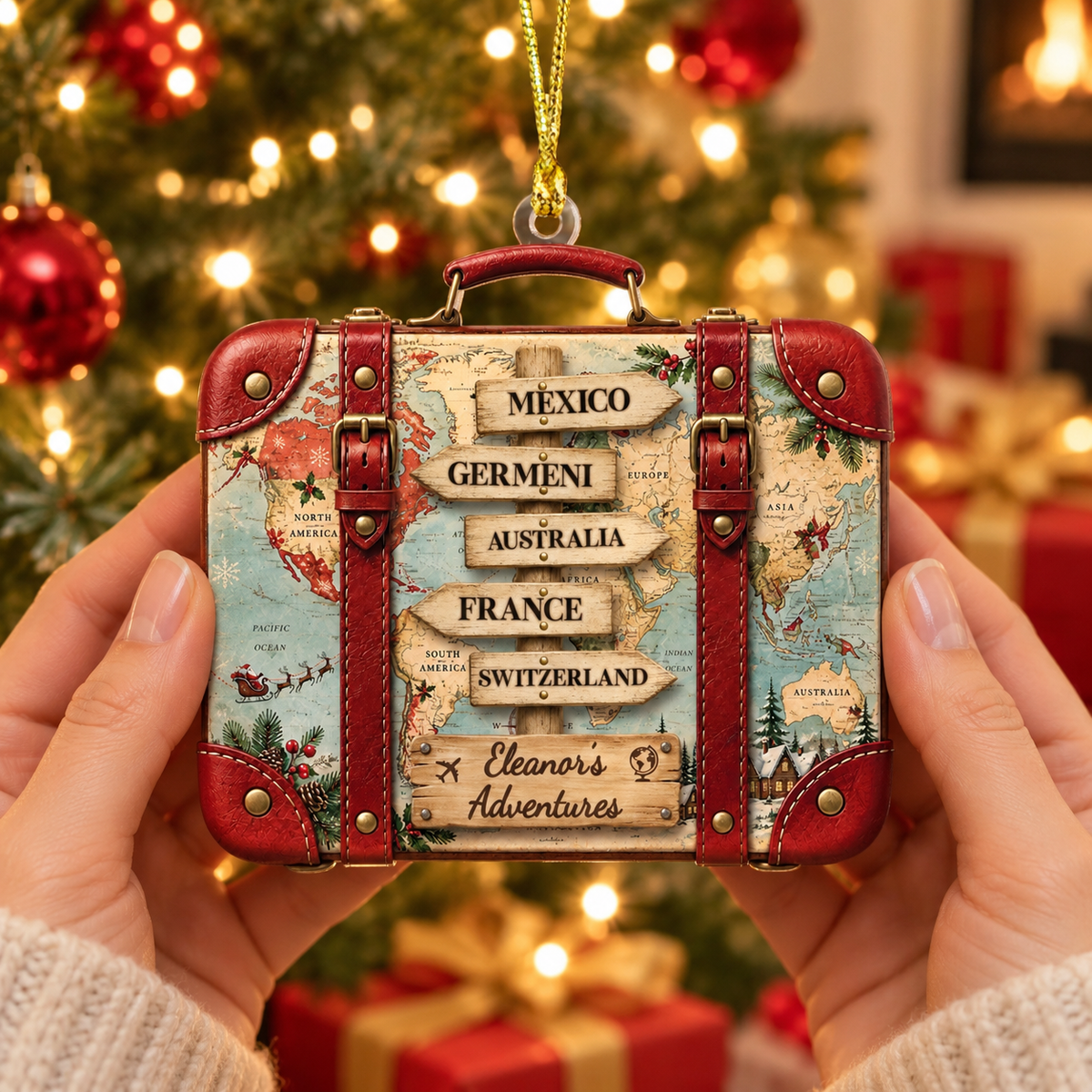 Personalized Travel Suitcase Christmas Ornament, Custom World Map Destination Keepsake