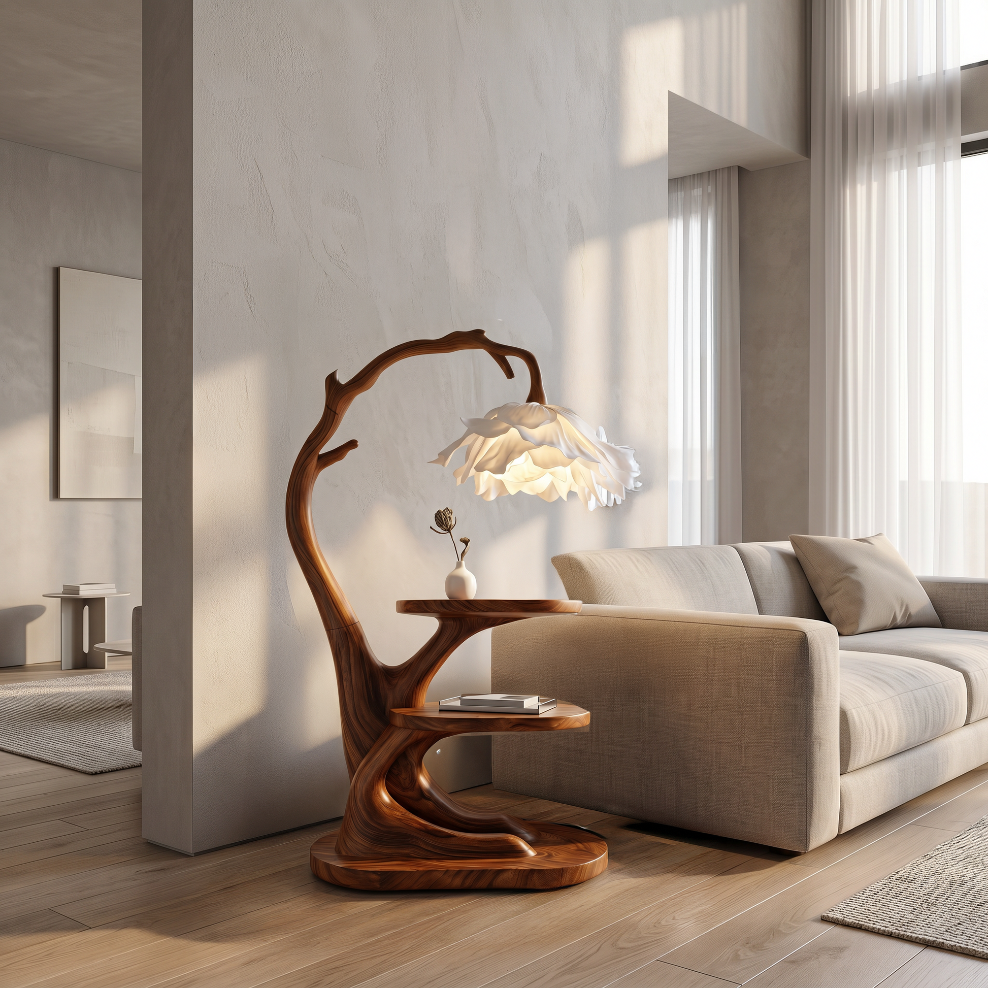 Organic Bedside Table With Sculptural Flower Lamp For Bedroom And Reading Nook SINLSABT273