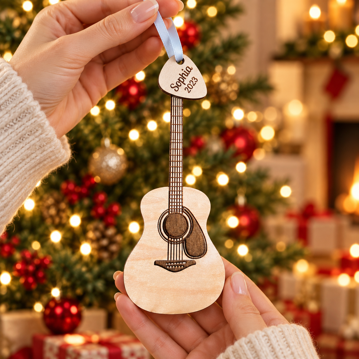 Personalized Acoustic Guitar Christmas Ornament with Custom Name and Year Pick – Gift for Guitarist