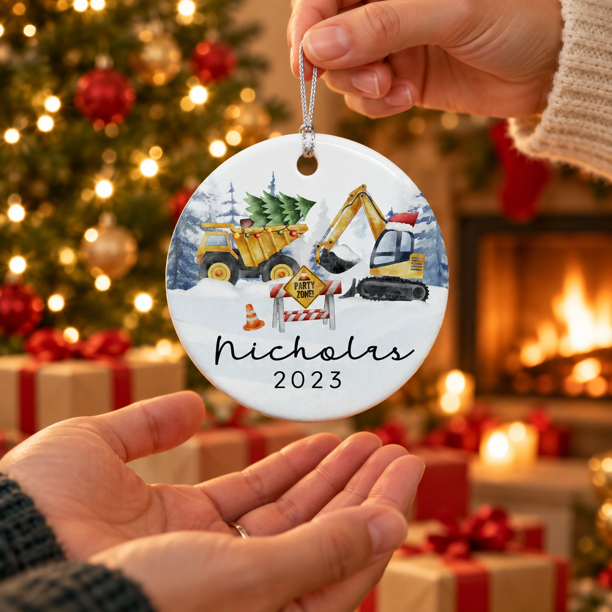 Kids Christmas Construction Truck Name Ornament - Personalized Christmas 2024 Kids Ornament - Custom Name and Year Boys Ornament