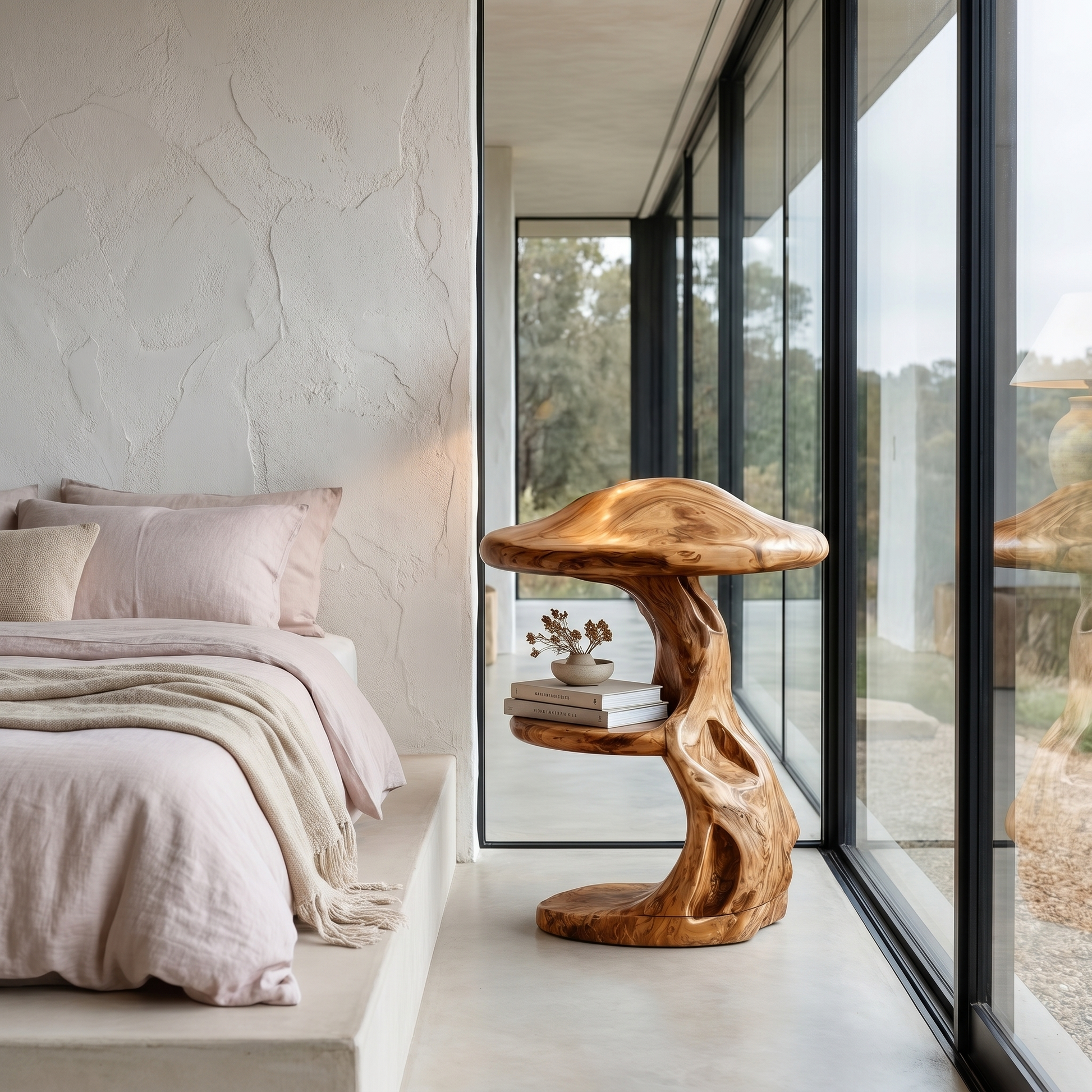 Rustic Mushroom Nightstand With Sculptural Tree Root Base And Built In Drawer For Bedroom SINLHABT260