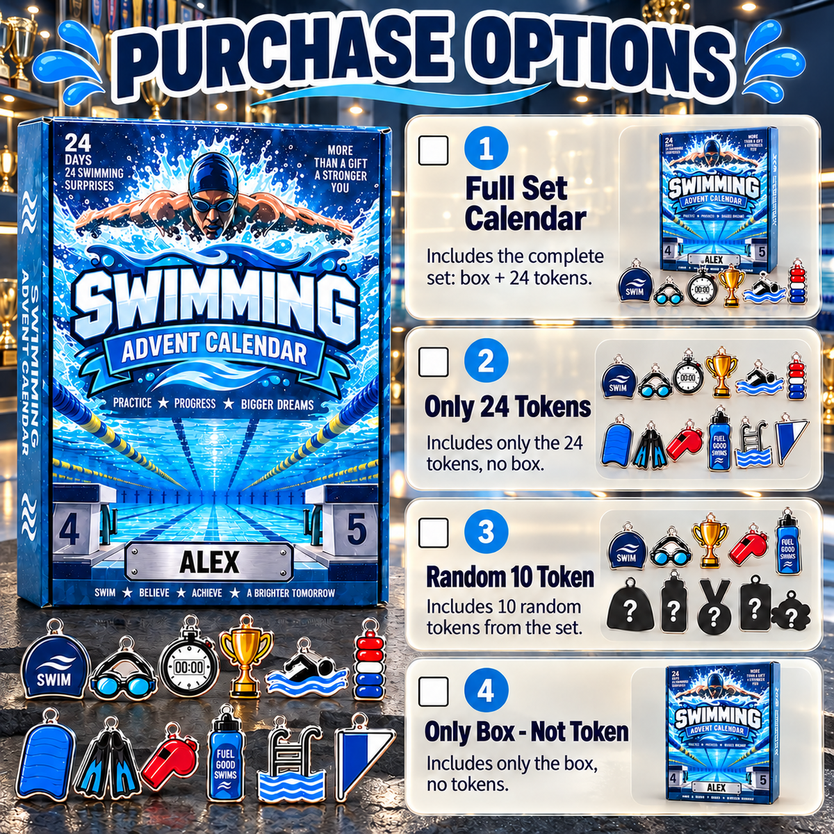 Personalized Swimming Advent Calendar 2026 with 24 Tokens