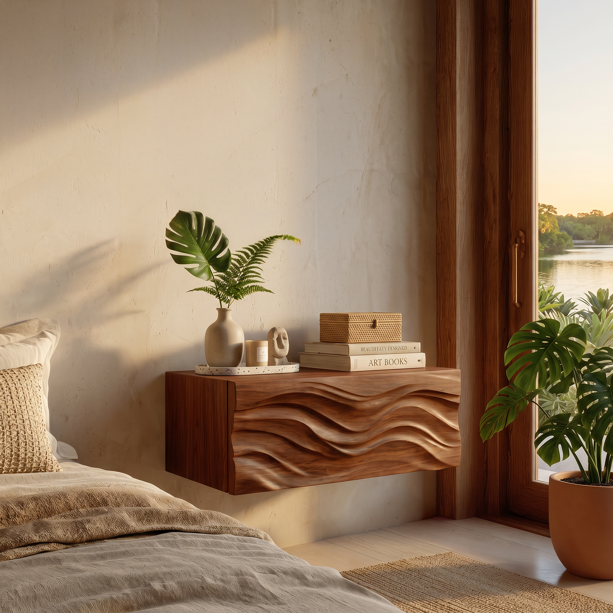 Contemporary Wooden Wall Mounted Nightstand For Bedroom Storage RTTHTTNS030