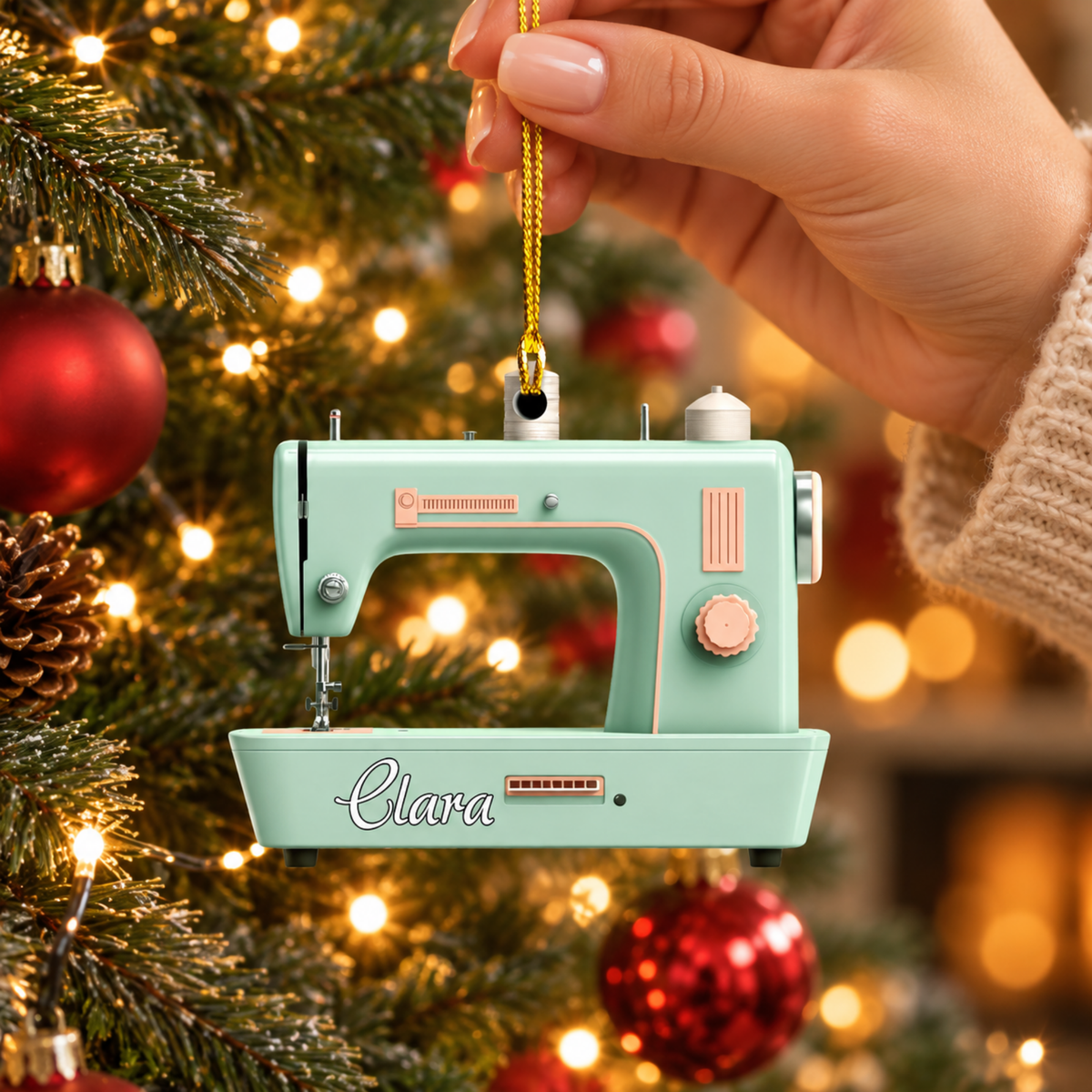 Custom Name Sewing Machine Christmas Ornament, Christmas Tree Hanging Decor, Flat 2D Ornament Acrylic Wooden, Gift For Sewing Lovers