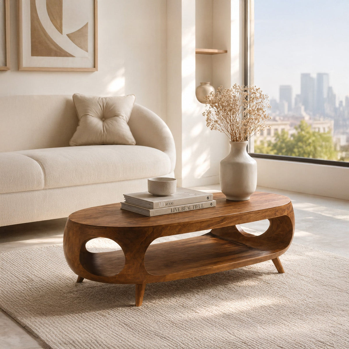 Sculptural Oval Coffee Table With Shelf For Living Room