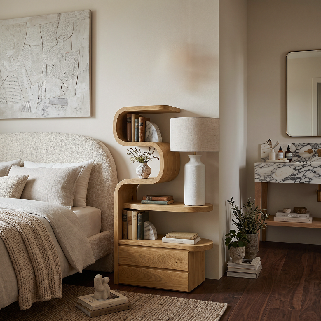 Sculpted Nightstand With Shelves And Drawers For Bedroom SITHTTNS014