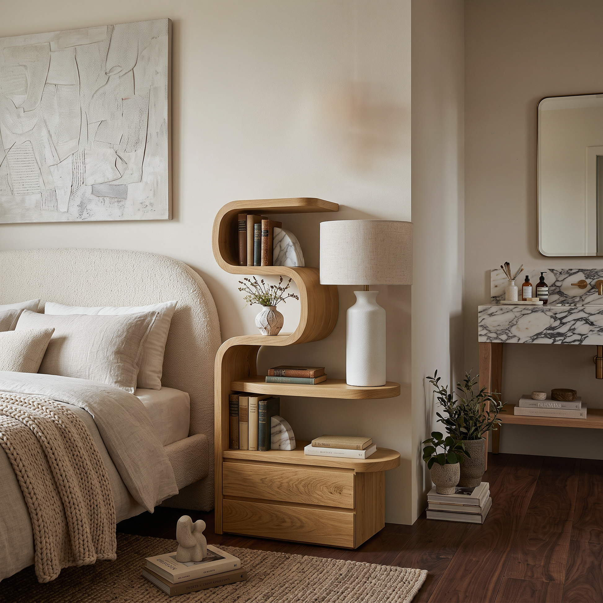 Sculpted Nightstand With Shelves And Drawers For Bedroom SITHTTNS014