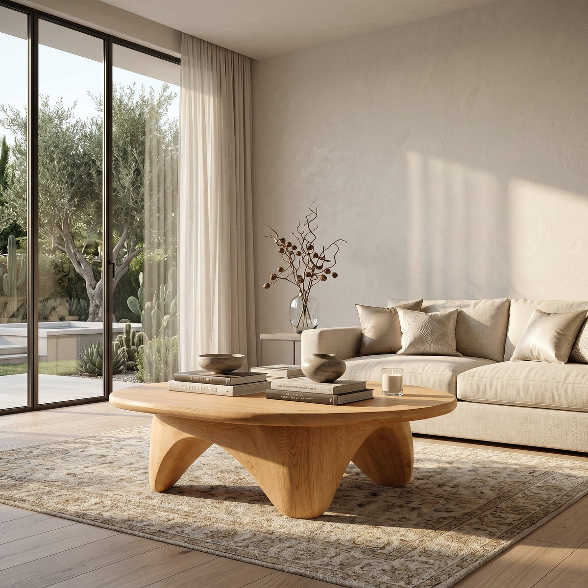Organic Coffee Table With Carved Base For Living Room