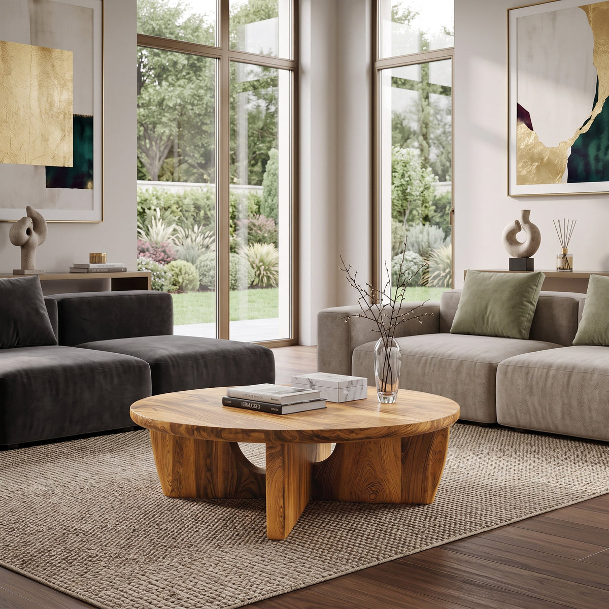 Round Wooden Coffee Table Unique Base Design For Home