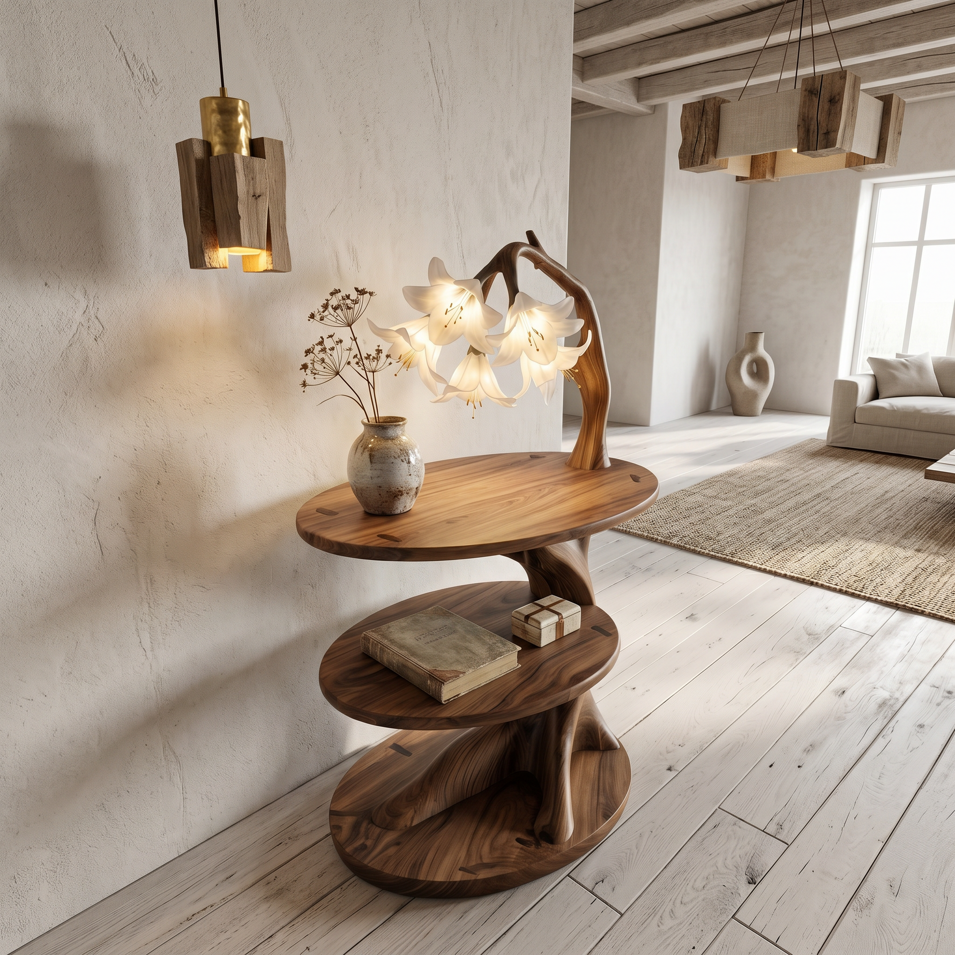 Rustic Side Table With Flower Shade Lamp For Bedroom And Living Room SINLSABT272