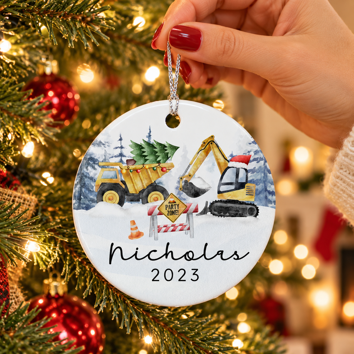 Kids Christmas Construction Truck Name Ornament - Personalized Christmas 2024 Kids Ornament - Custom Name and Year Boys Ornament