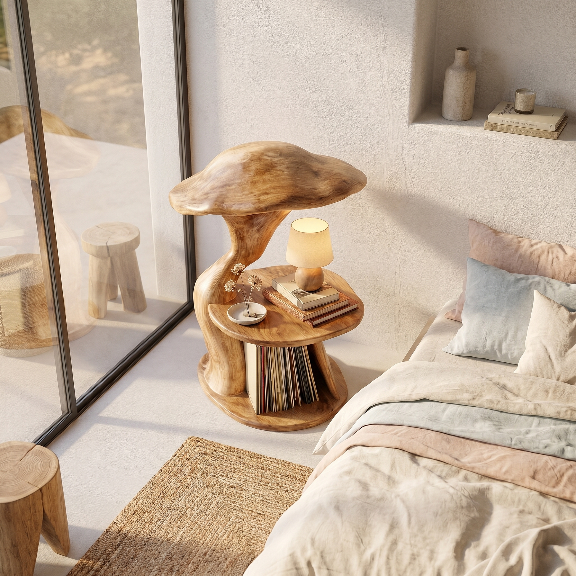 Organic Mushroom Nightstand With Sculptural Solid Wood Design And Vinyl Storage For Bedroom SINLHABT259